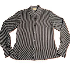 Apostrophe Women’s Button Front Blouse Size 6 Brown White Striped Long Sleeve